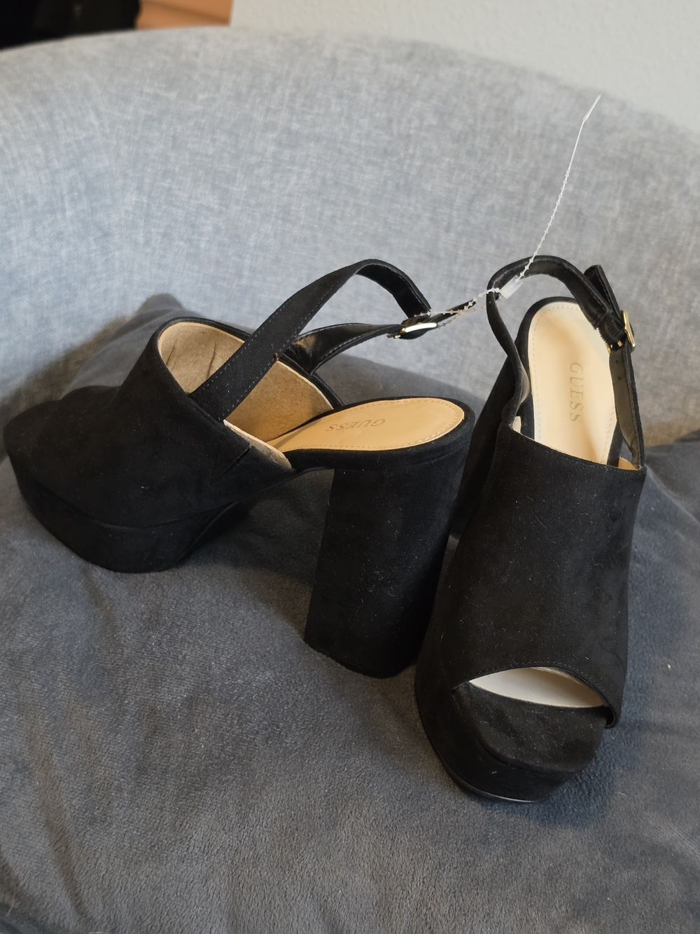 GUESS Black Suede Platform Peep-Toe Block Heels